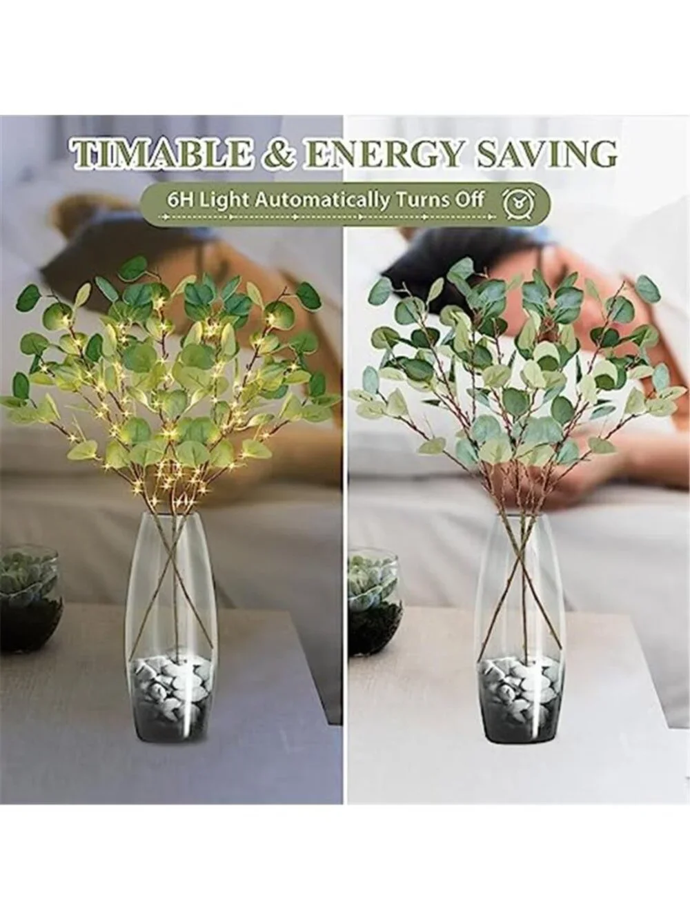 Lighted Eucalyptus Branches 33in 99 LED Battery Powered Timer Vase Decor